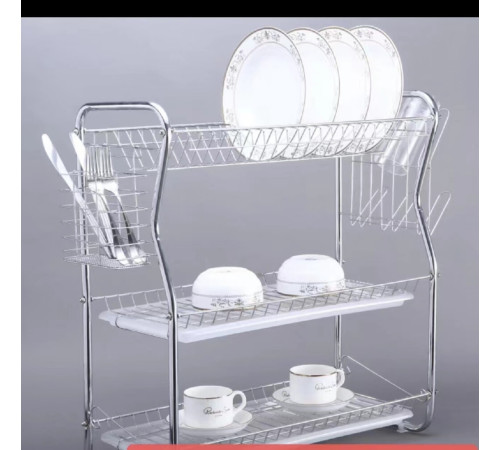 Сушилка настольная для посуды с навесными карманами для приборов и чашек с поддоном 3 полки  (14-12)