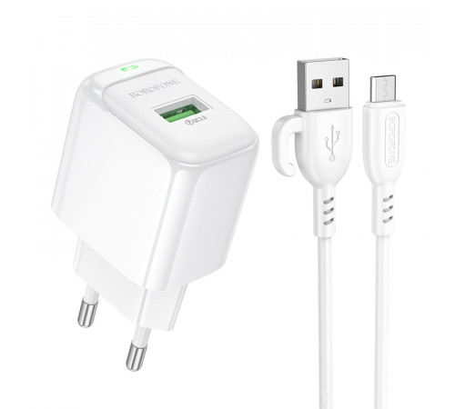 Мережевий зарядний пристрій з кабелем BOROFONE BAS42A Potential single-port QC3.0 charger set(Micro)(EU) White (6941991113796)