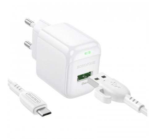 Мережевий зарядний пристрій з кабелем BOROFONE BAS42A Potential single-port QC3.0 charger set(Micro)(EU) White (6941991113796)