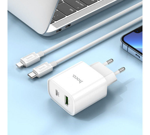 Мережевий зарядний пристрій з кабелем HOCO C80A Plus Rapido PD20W+QC3.0 charger set(C to iP) White (6931474779892)