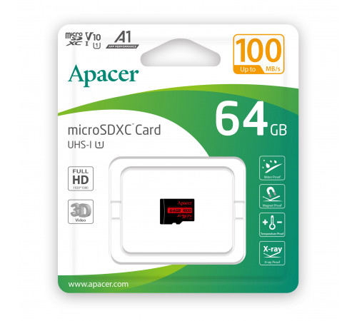 Карта пам'яті microSDXC (UHS-1) Apacer 64Gb class 10 V10 A1 R100MB/s (AP64GMCSX10UB-RA)