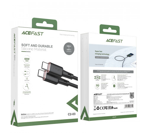 Кабель ACEFAST C2-03 Type-C to Type-C 3A, 60W, 1.2m, silicone, zinc connectors, Black (6974316280729)
