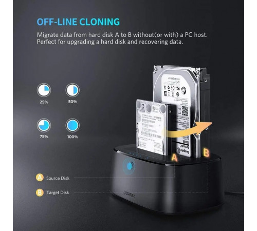 Док-станція UGREEN CM198 USB 3.0 to SATA Dual-Bay Hard Drive Duplicator/Cloner EU (UGR-50857) (UGR-50857)