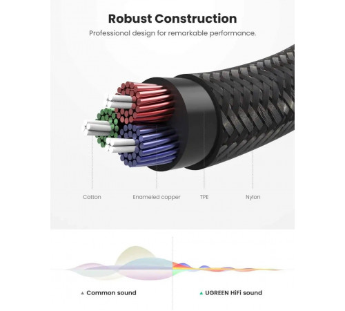 Аудіокабель UGREEN AV112 3.5mm Male to 3.5mm Male Cable Gold Plated Metal Case with Braid 1m (Black)(UGR-50361) (UGR-50361)