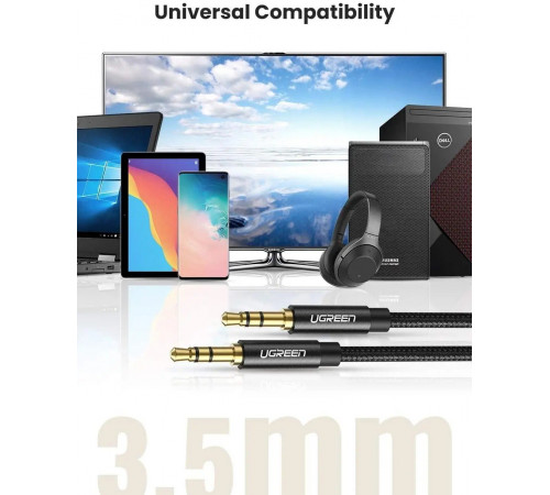 Аудіокабель UGREEN AV112 3.5mm male to 3.5mm male,  Cable Gold Plated Metal Case with Braid, 1m, Black(UGR-50361) (UGR-50361)