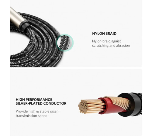 Аудіокабель UGREEN AV128 6.5mm  Male to Male Audio Cable Gray 2m(UGR-10638) (UGR-10638)