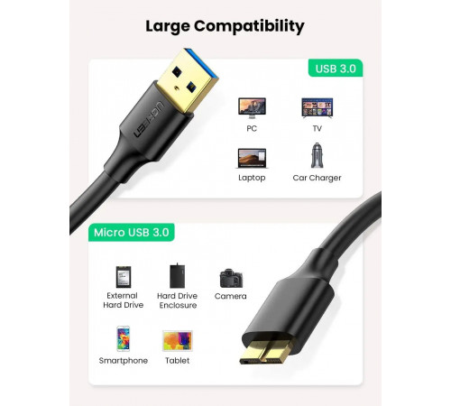 Кабель UGREEN US130 USB 3.0 A Male to Micro USB 3.0 Male Cable 0.5m (Black)(UGR-10840) (UGR-10840)