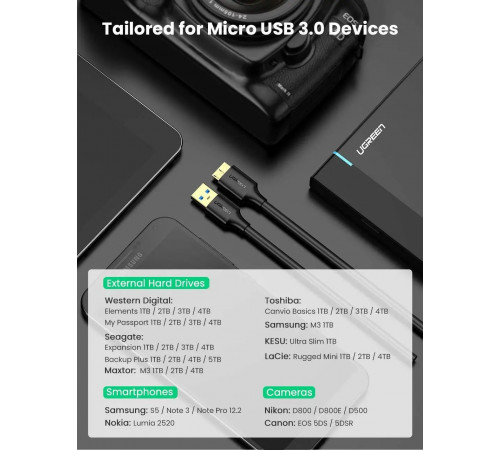 Кабель UGREEN US130 USB 3.0 A Male to Micro USB 3.0 Male Cable 0.5m (Black)(UGR-10840) (UGR-10840)