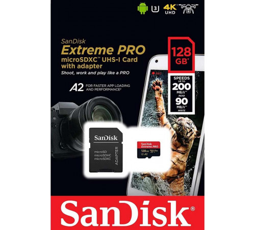 Карта пам'яті microSDXC (UHS-1 U3) SanDisk Extreme Pro A2 128Gb class 10 V30 (R200MB/s,W90MB/s) (adapter) (SDSQXCD-128G-GN6MA)