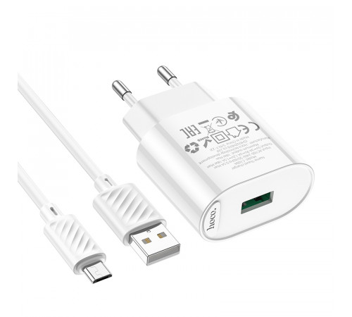 Мережевий зарядний пристрій з кабелем HOCO C109A Fighter single port QC3.0 charger set(Micro) White (6931474784827)