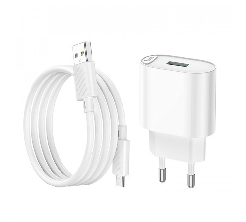 Мережевий зарядний пристрій з кабелем HOCO C109A Fighter single port QC3.0 charger set(Micro) White (6931474784827)