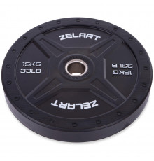 Бамперные диски резиновые Bumper Plates внутренний ø50,4мм Zelart TA-2258-15 15кг (внешний ø-45см,черный)
