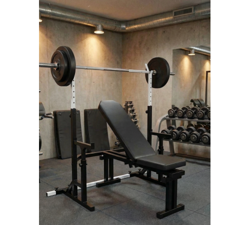 RN-Sport UM 0100. Скамья для жима, стойки для приседаний + 100 кг блинов и 4 грифа