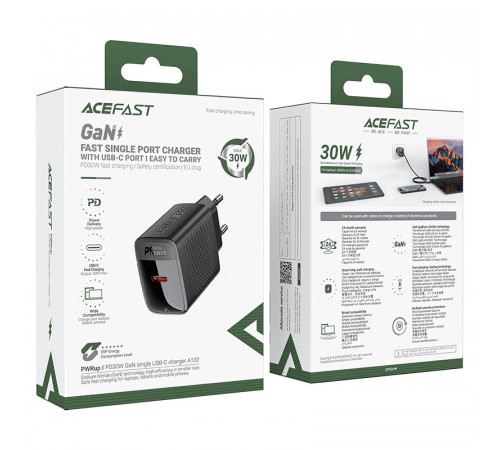 Мережевий зарядний пристрій ACEFAST A102 PD30W GaN single USB-C charger (EU) Black (6974316283287)