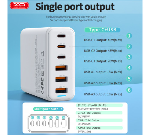 Мережевий подовжувач XO L133 GaN 75W 1.5m