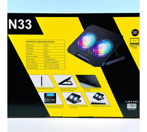 Підставка-охолоджувач для ноутбука N33 RGB light з тримачем для телефону 12-17inch (2 Fan)