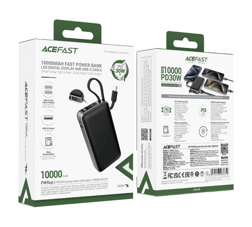 Зовнішній акумулятор ACEFAST M7 PD30W power bank with cable 10000mAh, Black (6974316283379)