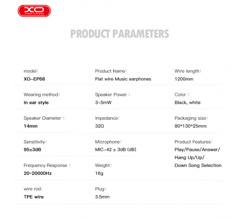 Навушники XO EP68 з плоским кабелем 3.5mm