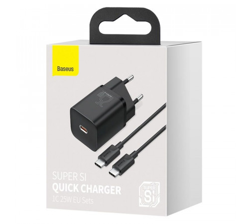 Мережевий зарядний пристрій з кабелем Baseus Super Si Quick Charger 1C 25W EU Sets Black（With Mini White Cable C to C 3A 1m Black） (TZCCSUP-L01)