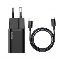 Мережевий зарядний пристрій з кабелем Baseus Super Si Quick Charger 1C 25W EU Sets Black（With Mini White Cable C to C 3A 1m Black） (TZCCSUP-L01)