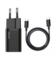 Мережевий зарядний пристрій з кабелем Baseus Super Si Quick Charger 1C 25W EU Sets Black（With Mini White Cable C to C 3A 1m Black） (TZCCSUP-L01)