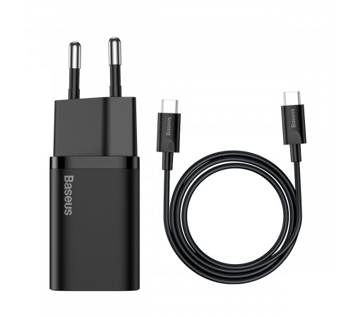 Мережевий зарядний пристрій з кабелем Baseus Super Si Quick Charger 1C 25W EU Sets Black（With Mini White Cable C to C 3A 1m Black） (TZCCSUP-L01)