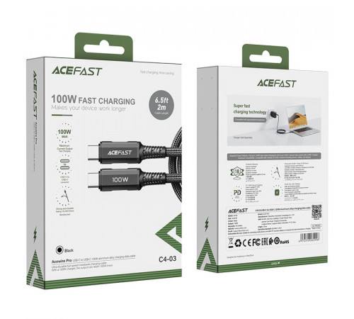 Кабель ACEFAST C4-03 Type-C to Type-C 5A, 100W, 2m, nylon, zinc connectors, Black (6974316280996)