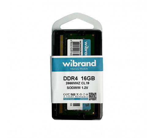 Оперативна пам'ять DDR4 Wibrand 16GB 2666MHz CL19 SODIMM (WI2666DDR4S/16GB)