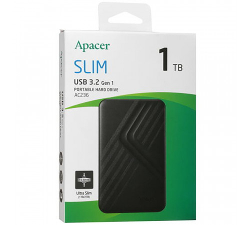Зовнішній жорсткий диск PHD External 2.5'' Apacer USB 3.2 AC236 1Tb Black (color box) (AP1TBAC236B-1)