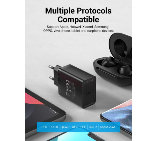 Мережевий зарядний пристрій Vention 1-port USB-C Wall Charger(20W) EU-Plug Black (FADB0-EU) (FADB0-EU)