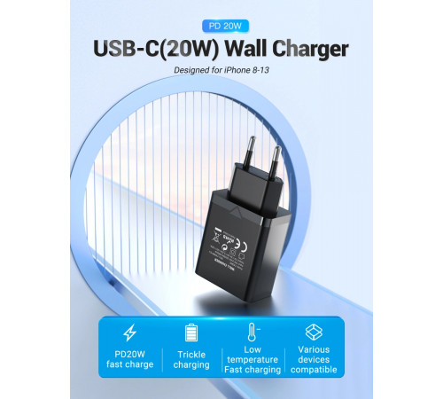 Мережевий зарядний пристрій Vention 1-port USB-C Wall Charger(20W) EU-Plug Black (FADB0-EU) (FADB0-EU)