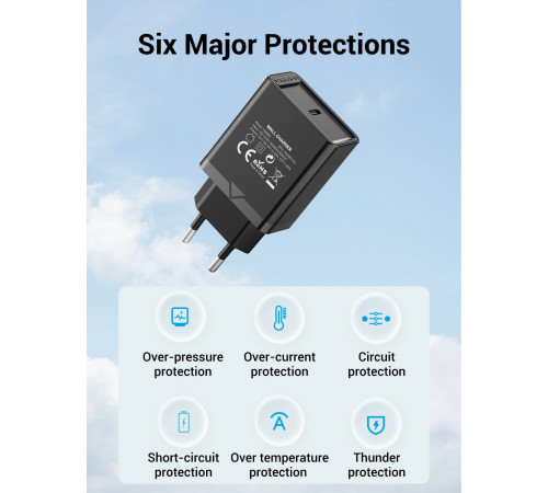 Мережевий зарядний пристрій Vention 1-port USB-C Wall Charger(20W) EU-Plug Black (FADB0-EU) (FADB0-EU)