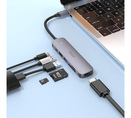 USB-хаб HOCO HB28 Type-C multi-function converter(HDTV+USB3.0+USB2.0+SD+TF+PD) Metal Gray (6931474769336)