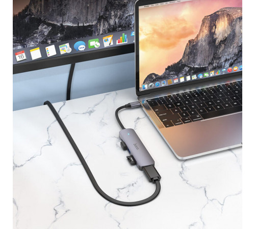 USB-хаб HOCO HB28 Type-C multi-function converter(HDTV+USB3.0+USB2.0+SD+TF+PD) Metal Gray (6931474769336)