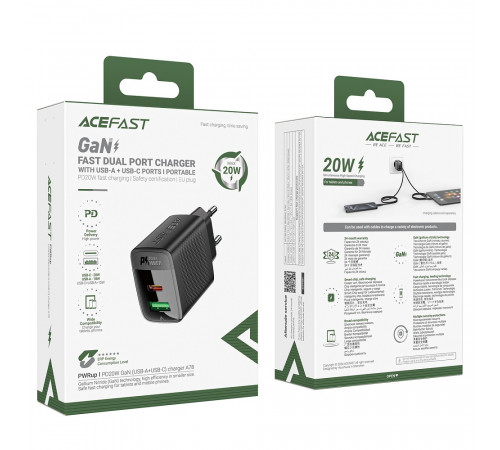 Мережевий зарядний пристрій ACEFAST A78 PD20W GaN (USB-A+USB-C) charger Black (6974316283256)