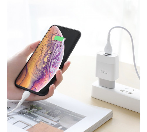 Мережевий зарядний пристрій з кабелем HOCO C73A Glorious dual port charger set (iP)(EU) White (6931474713056)