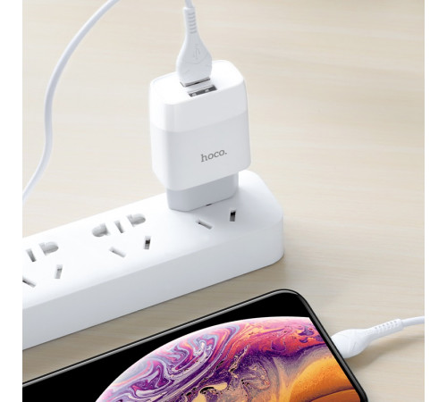 Мережевий зарядний пристрій з кабелем HOCO C73A Glorious dual port charger set (iP)(EU) White (6931474713056)