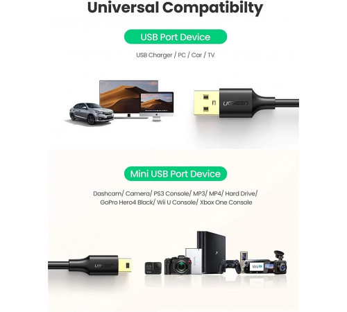 Кабель UGREEN USB 2.0 A Male to Mini 5 Pin Male Cable 3m (Black) (UGR-10386)