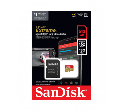 Карта пам'яті microSDXC (UHS-1 U3) SanDisk Extreme A2 512Gb class 10 V30 (R190MB/s,W130MB/s) (adapter SD) (SDSQXAV-512G-GN6MA)