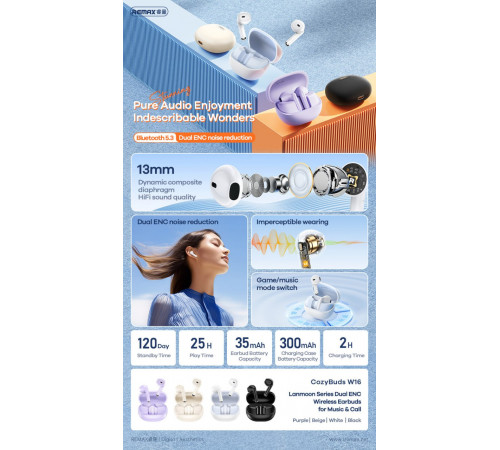 Бездротові навушники Remax W16 Lanmoon Series Dual ENC CozyBuds