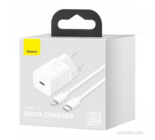Мережевий зарядний пристрій з кабелем Baseus Super Si 1C 20W With Simple Wisdom Data Cable Type-C/iP 1m White (TZCCSUP-B02)