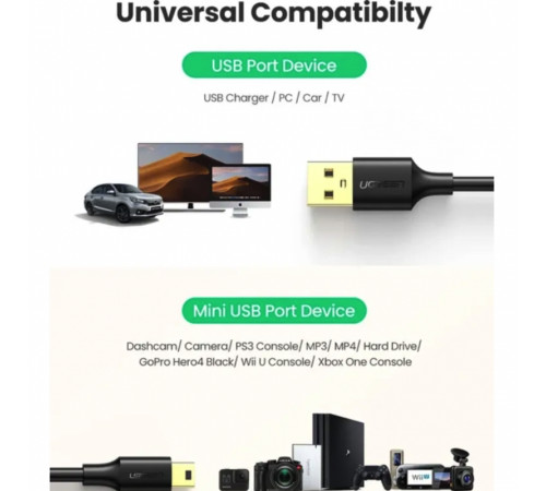 Перехідник UGREEN US132 USB 2.0 A Male to Mini 5 Pin Male Cable 1m (Black)(UGR-10355) (UGR-10355)