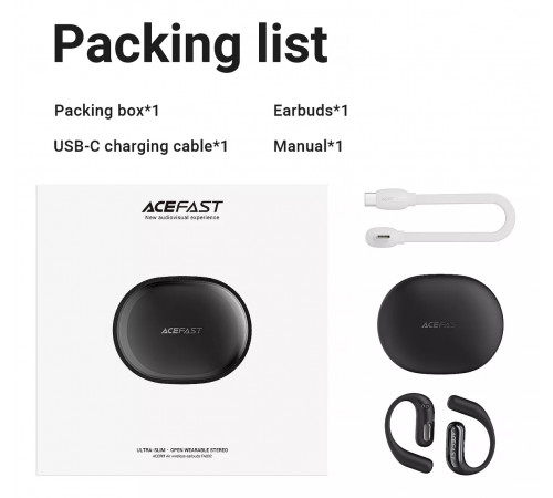 Бездротові навушники TWS ACEFAST FA002 ACEFIT Air wireless earbuds, ENC, IP54, Black (6974316283621)