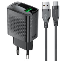 Мережевий зарядний пристрій з кабелем ACEFAST A90 QC18W GaN single USB-A charger set (P3) (EU) Black (6974316280064)