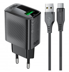 Мережевий зарядний пристрій з кабелем ACEFAST A90 QC18W GaN single USB-A charger set (P3) (EU) Black (6974316280064)