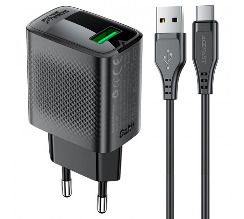 Мережевий зарядний пристрій з кабелем ACEFAST A90 QC18W GaN single USB-A charger set (P3) (EU) Black (6974316280064)