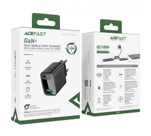 Мережевий зарядний пристрій з кабелем ACEFAST A90 QC18W GaN single USB-A charger set (P3) (EU) Black (6974316280064)