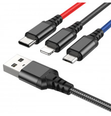 Кабель HOCO X76 USB to iP+Type-C+Micro 2A, 1m, nylon, алюминиевые подключения Black+Red+Blue (6931474768636)
