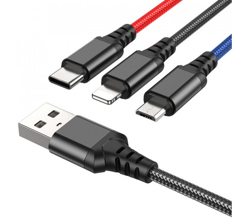 Кабель HOCO X76 USB to iP+Type-C+Micro 2A, 1m, nylon, aluminum connectors Black+Red+Blue (6931474768636)