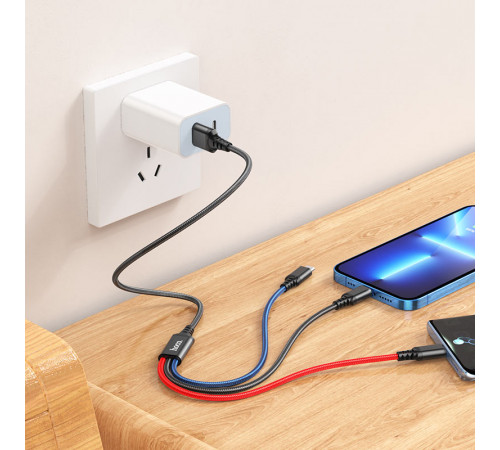 Кабель HOCO X76 USB to iP+Type-C+Micro 2A, 1m, nylon, aluminum connectors Black+Red+Blue (6931474768636)